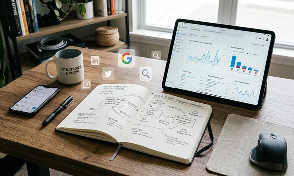 Apuntes de SEO marketiing y redes sociales en un espacio de trabajo de marketing digital con portátil y gráficos de análisis.