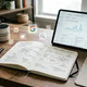 Apuntes de SEO marketiing y redes sociales en un espacio de trabajo de marketing digital con portátil y gráficos de análisis.