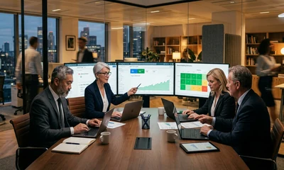 Consultores de posicionamiento web en una reunión de trabajo con un equipo de marketing para definir una estrategia