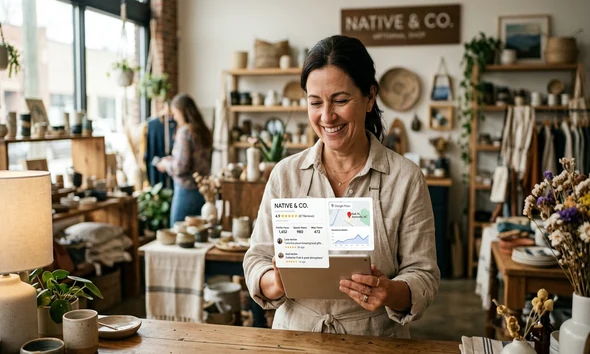 Propietario de pequeño negocio revisando su estrategia de Google Business Profile SEO en una pantalla