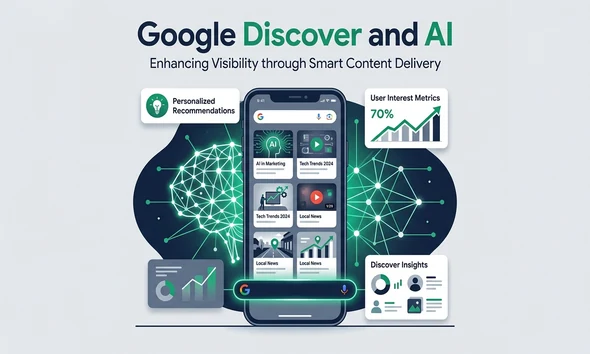 Persona usando un smartphone sobre Google Discover IA para leer noticias y resúmenes en el móvil.